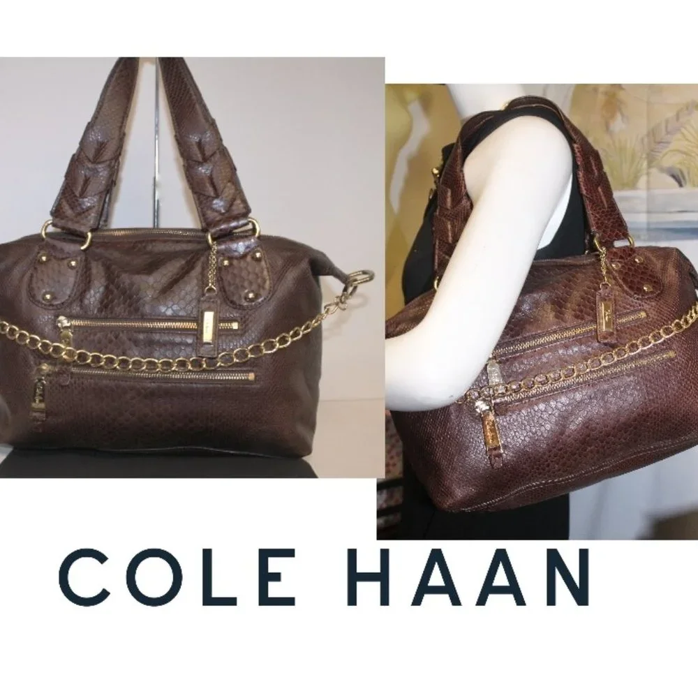 Cole Haan Brown Leather Tote with Gold Chain Detail